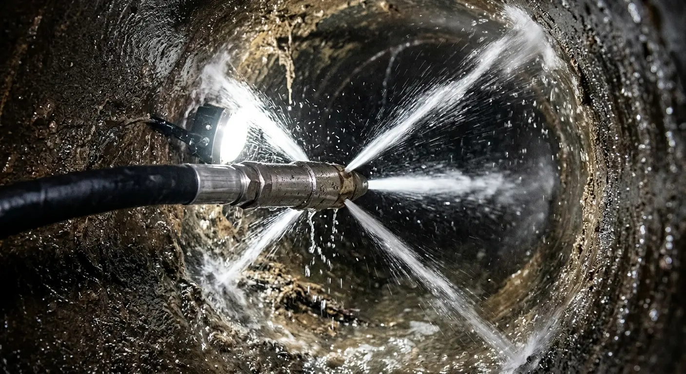 High-pressure hydro jetting nozzle cleaning sewer pipe for Emergency Drain Service in Lawrenceburg