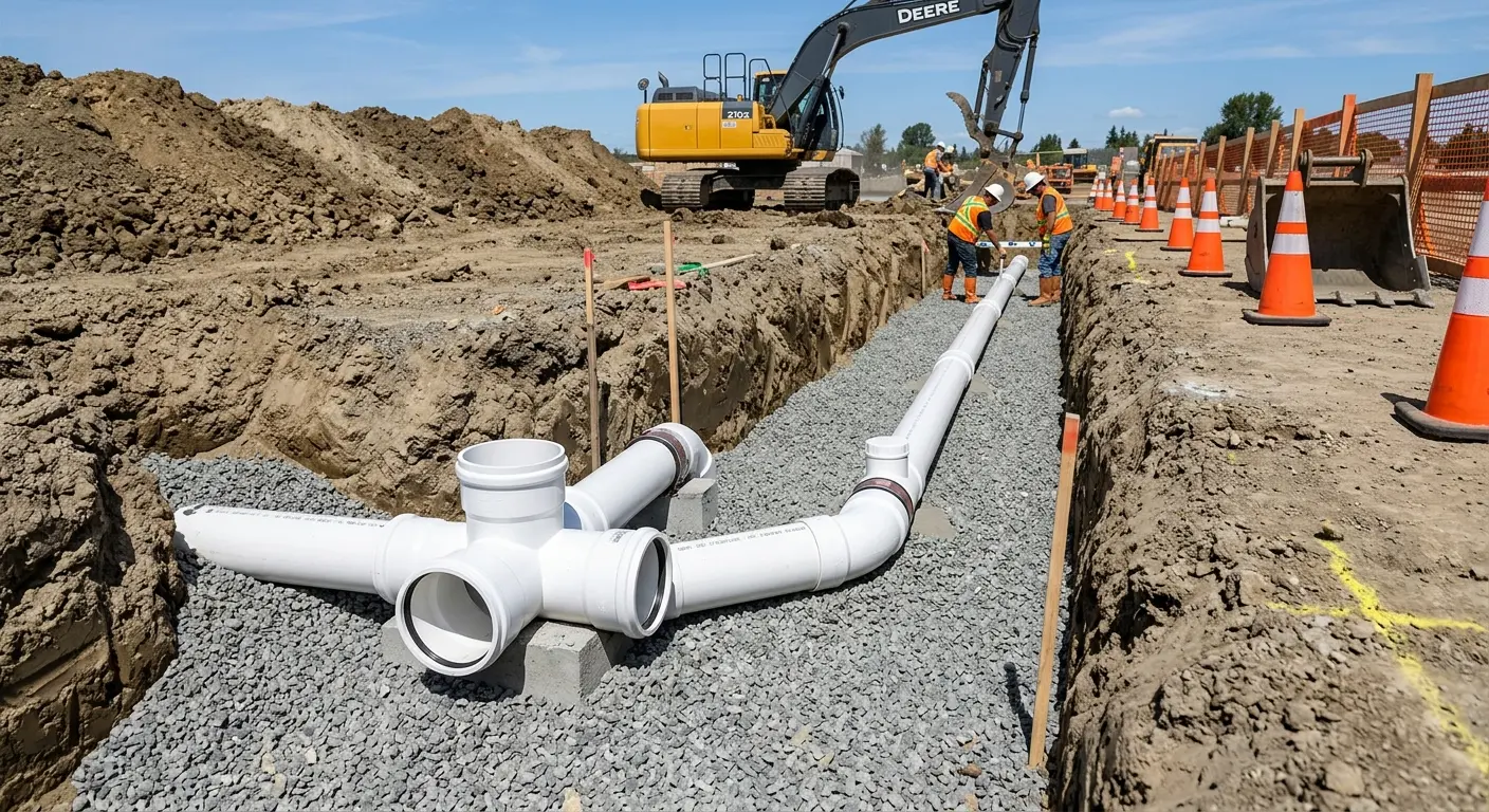 New PVC sewer pipe installation in open trench for Sewer Backup in Lawrenceburg
