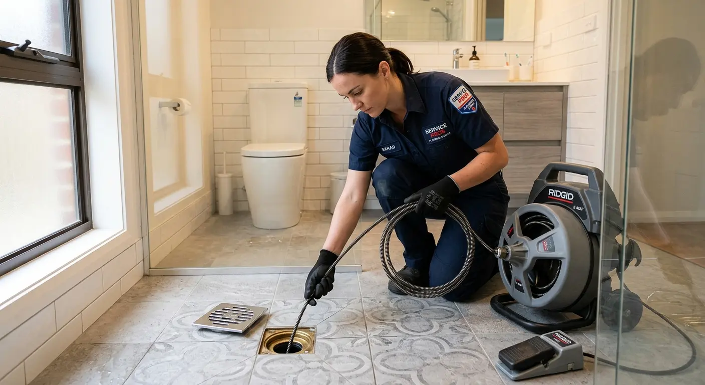 Technician clearing a bathroom floor drain for Clogged Drain Repair in Lawrenceburg